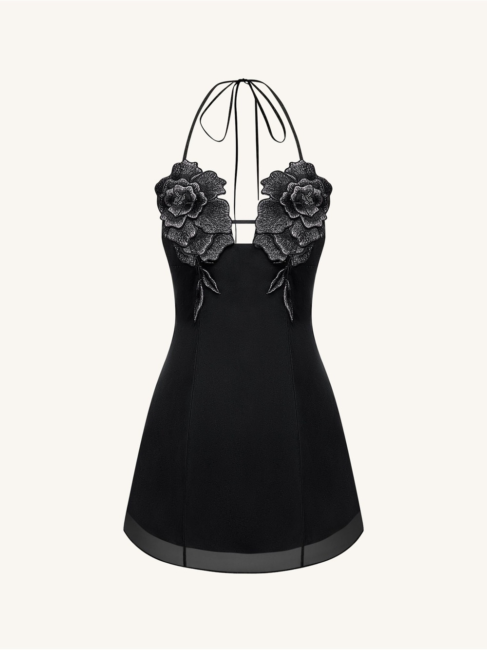JW PEI Black Halter Mini Dress with 3D Floral Appliqué - Picture 2 of 5
